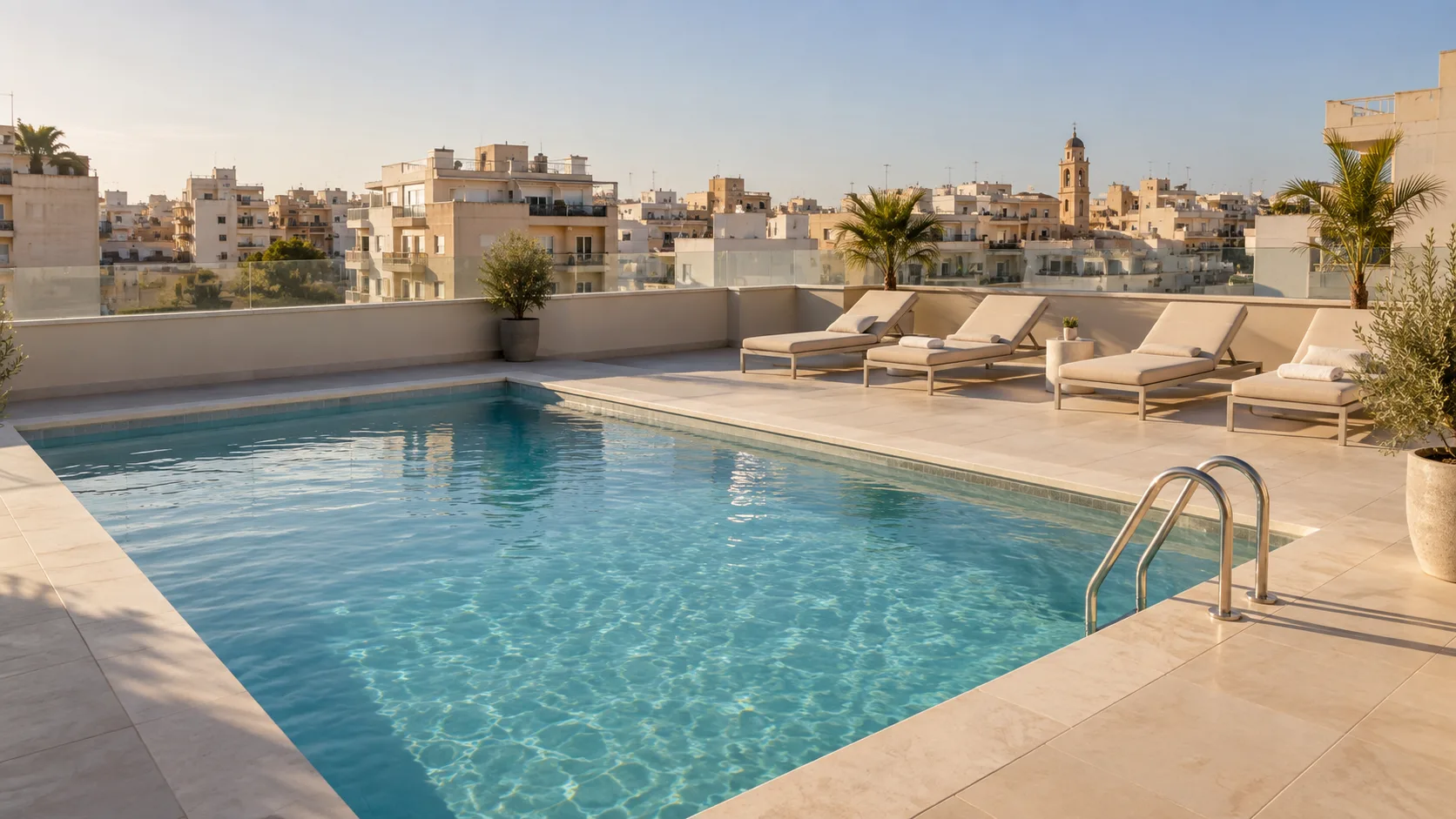 Concepto de ambiente para piscina comunitaria y solárium en azotea