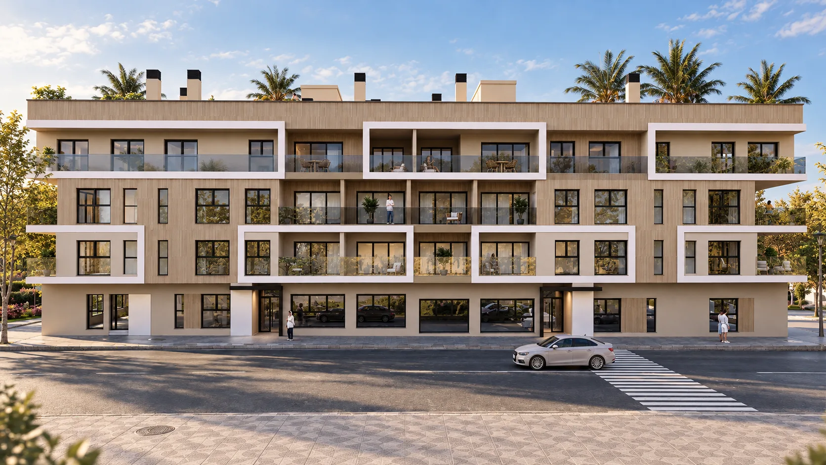 Recreación de la fachada de Infinity Home, con balcones de cristal y revestimiento de tonos cálidos