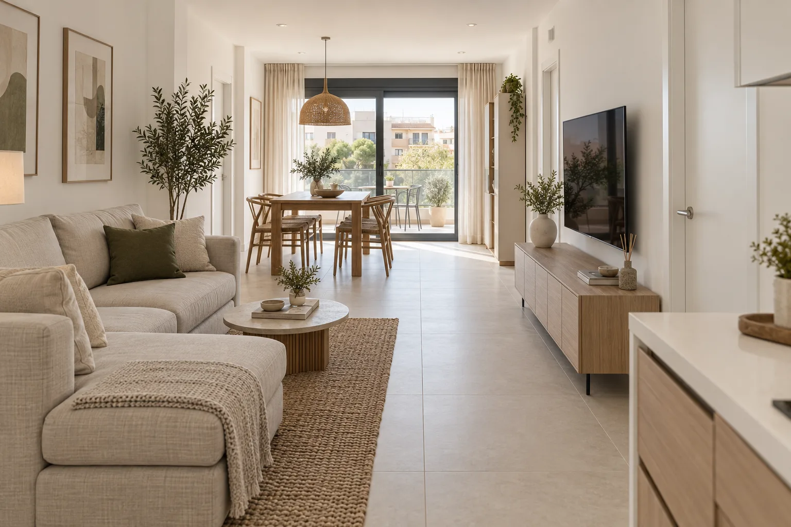 Propuesta de interior con suelo porcelánico, tonos naturales y salida a balcón